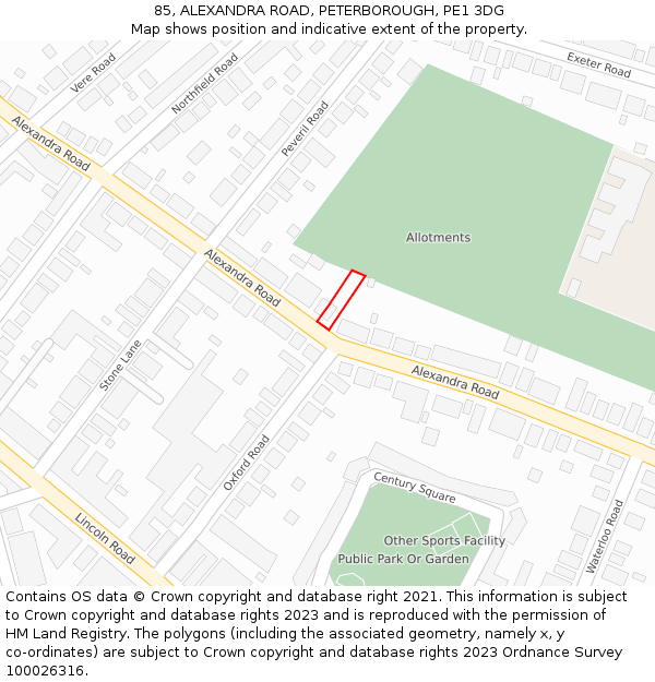 85, ALEXANDRA ROAD, PETERBOROUGH, PE1 3DG: Location map and indicative extent of plot