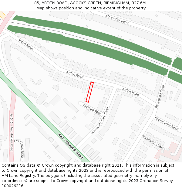 85, ARDEN ROAD, ACOCKS GREEN, BIRMINGHAM, B27 6AH: Location map and indicative extent of plot