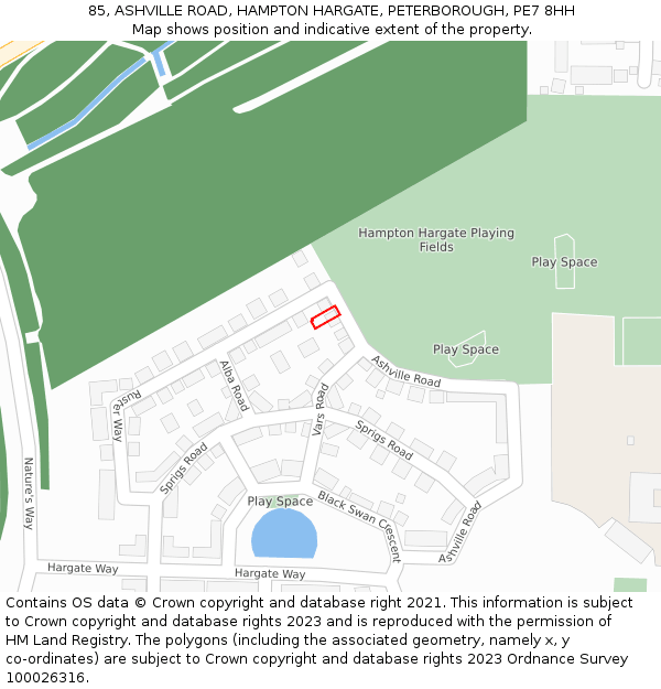 85, ASHVILLE ROAD, HAMPTON HARGATE, PETERBOROUGH, PE7 8HH: Location map and indicative extent of plot