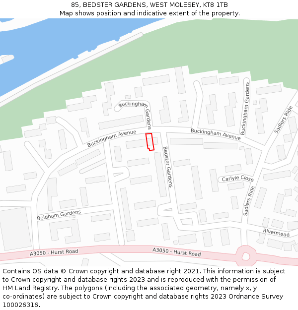 85, BEDSTER GARDENS, WEST MOLESEY, KT8 1TB: Location map and indicative extent of plot