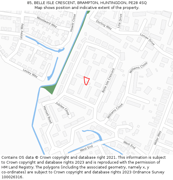 85, BELLE ISLE CRESCENT, BRAMPTON, HUNTINGDON, PE28 4SQ: Location map and indicative extent of plot