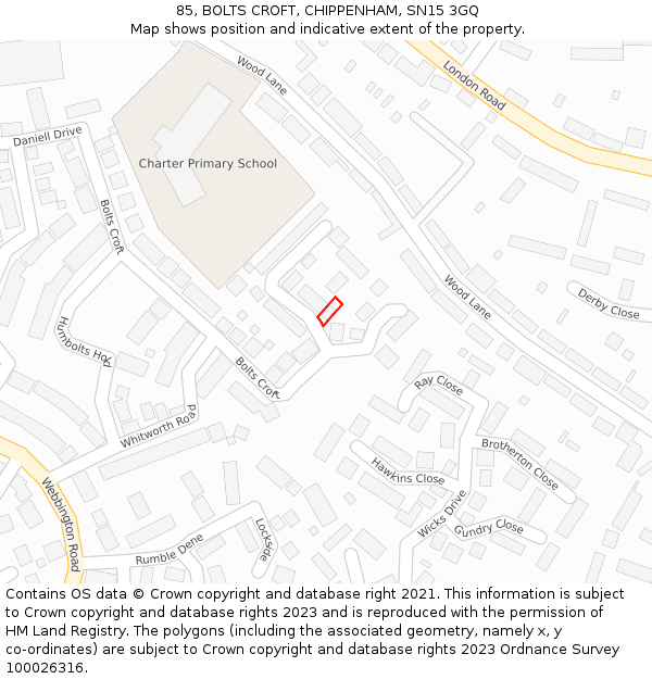 85, BOLTS CROFT, CHIPPENHAM, SN15 3GQ: Location map and indicative extent of plot
