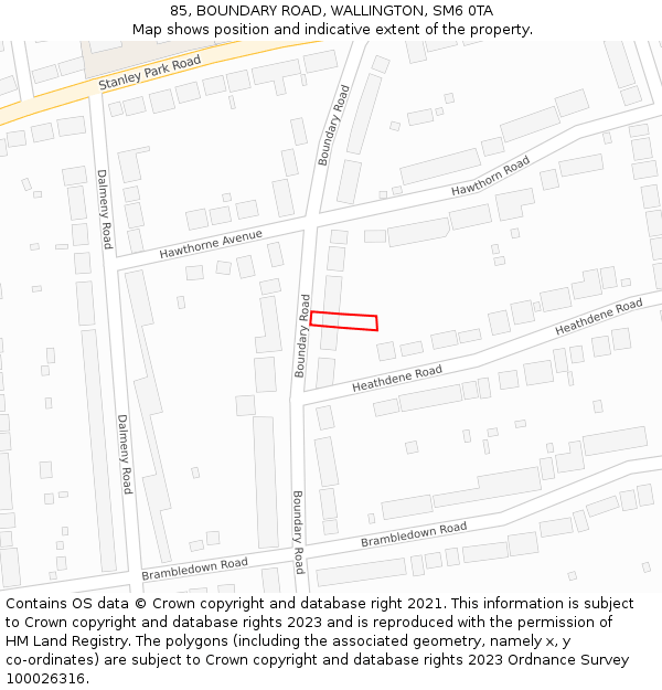 85, BOUNDARY ROAD, WALLINGTON, SM6 0TA: Location map and indicative extent of plot