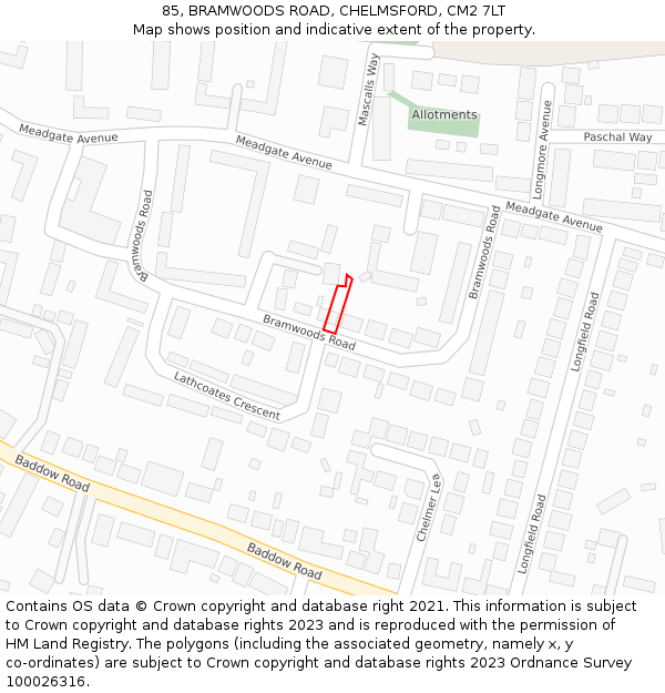 85, BRAMWOODS ROAD, CHELMSFORD, CM2 7LT: Location map and indicative extent of plot