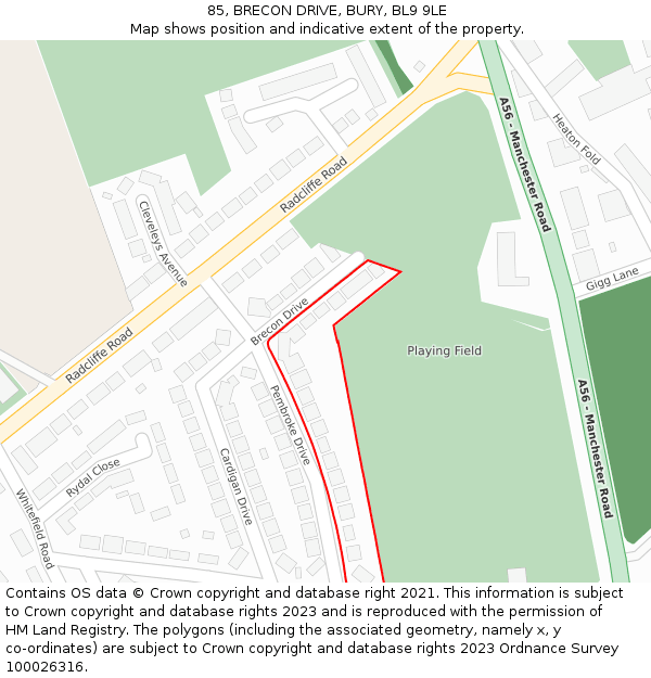 85, BRECON DRIVE, BURY, BL9 9LE: Location map and indicative extent of plot