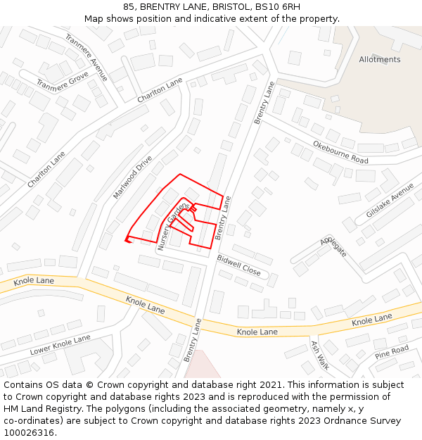 85, BRENTRY LANE, BRISTOL, BS10 6RH: Location map and indicative extent of plot