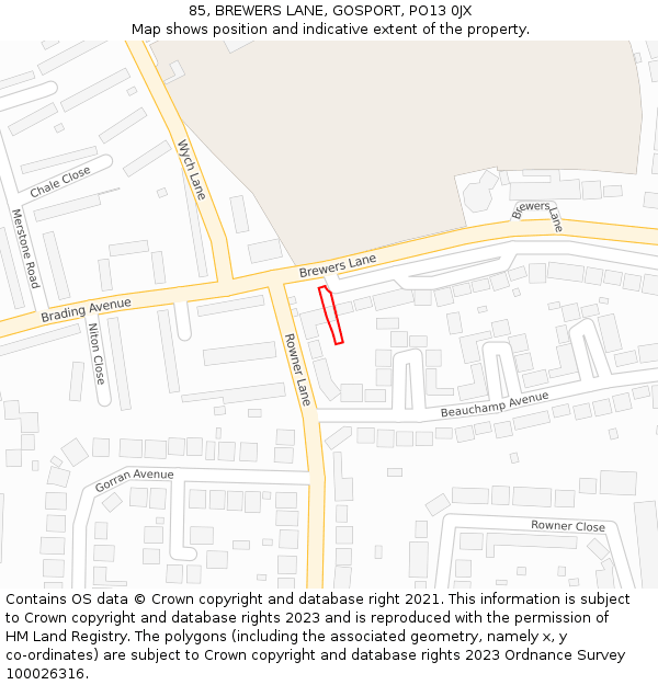 85, BREWERS LANE, GOSPORT, PO13 0JX: Location map and indicative extent of plot
