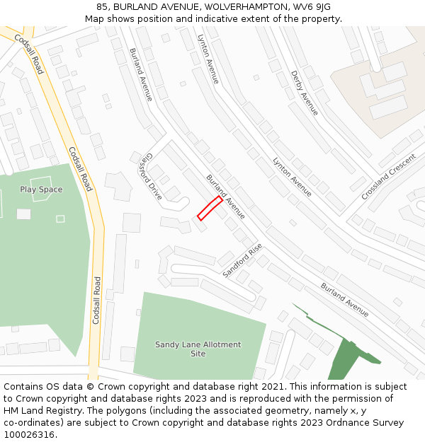 85, BURLAND AVENUE, WOLVERHAMPTON, WV6 9JG: Location map and indicative extent of plot