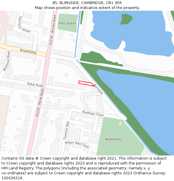85, BURNSIDE, CAMBRIDGE, CB1 3PA: Location map and indicative extent of plot