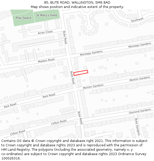 85, BUTE ROAD, WALLINGTON, SM6 8AD: Location map and indicative extent of plot
