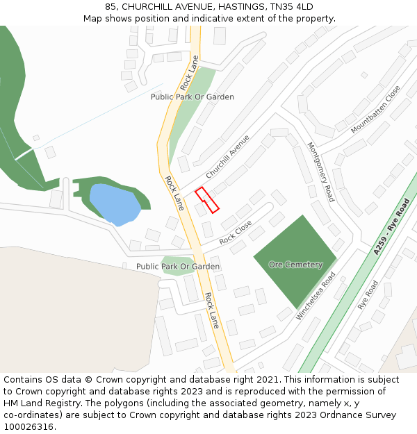 85, CHURCHILL AVENUE, HASTINGS, TN35 4LD: Location map and indicative extent of plot