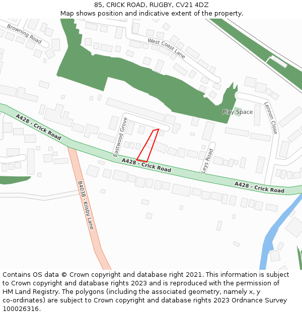 85, CRICK ROAD, RUGBY, CV21 4DZ: Location map and indicative extent of plot