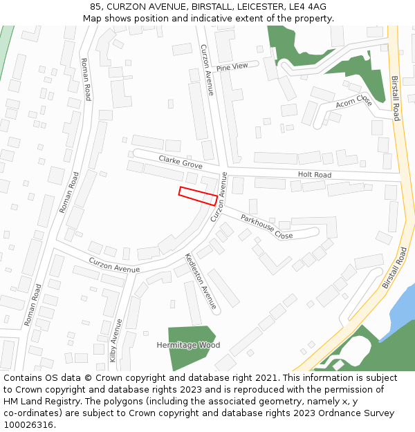 85, CURZON AVENUE, BIRSTALL, LEICESTER, LE4 4AG: Location map and indicative extent of plot