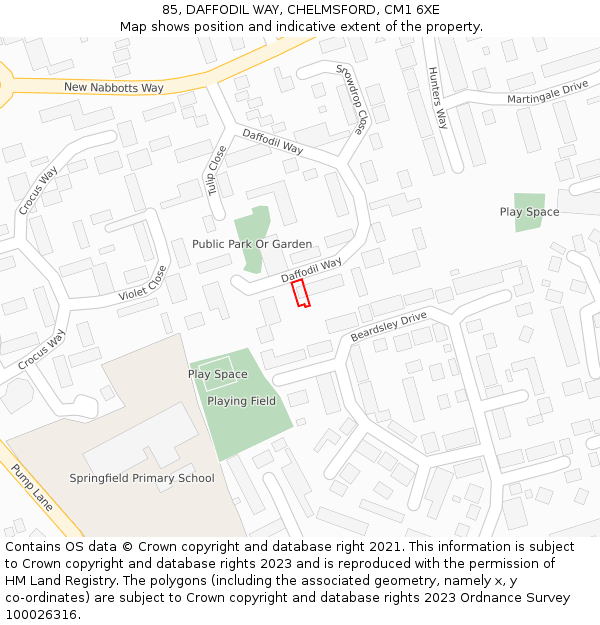 85, DAFFODIL WAY, CHELMSFORD, CM1 6XE: Location map and indicative extent of plot