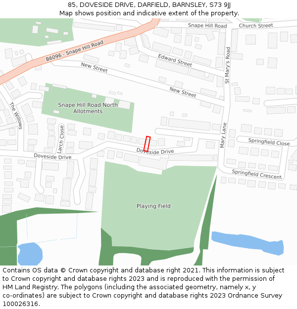 85, DOVESIDE DRIVE, DARFIELD, BARNSLEY, S73 9JJ: Location map and indicative extent of plot