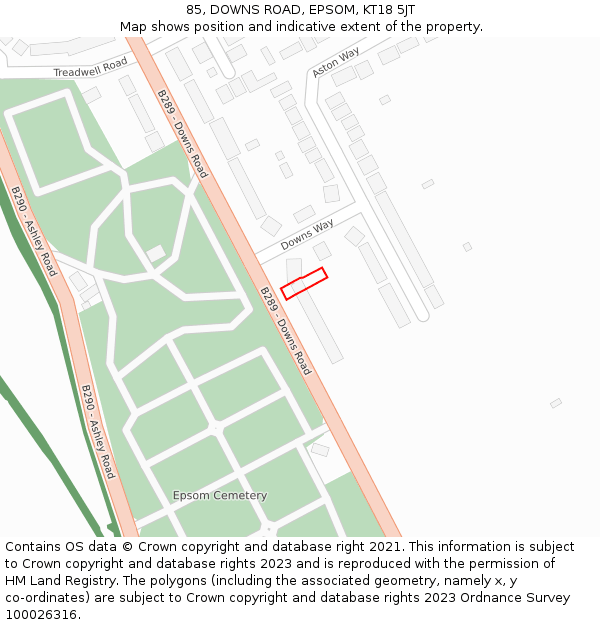 85, DOWNS ROAD, EPSOM, KT18 5JT: Location map and indicative extent of plot