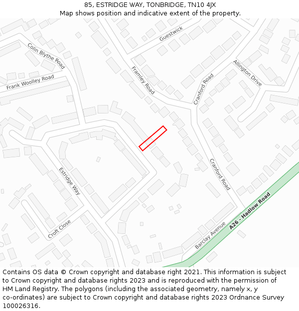 85, ESTRIDGE WAY, TONBRIDGE, TN10 4JX: Location map and indicative extent of plot
