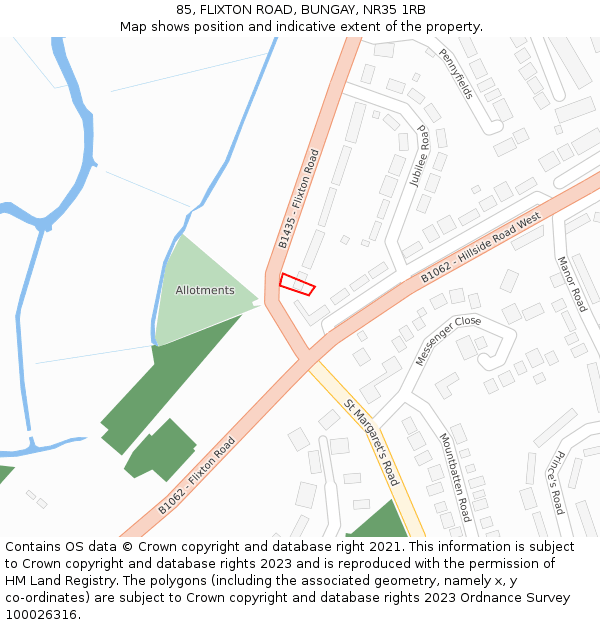 85, FLIXTON ROAD, BUNGAY, NR35 1RB: Location map and indicative extent of plot