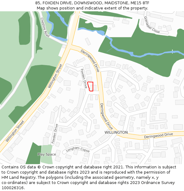 85, FOXDEN DRIVE, DOWNSWOOD, MAIDSTONE, ME15 8TF: Location map and indicative extent of plot