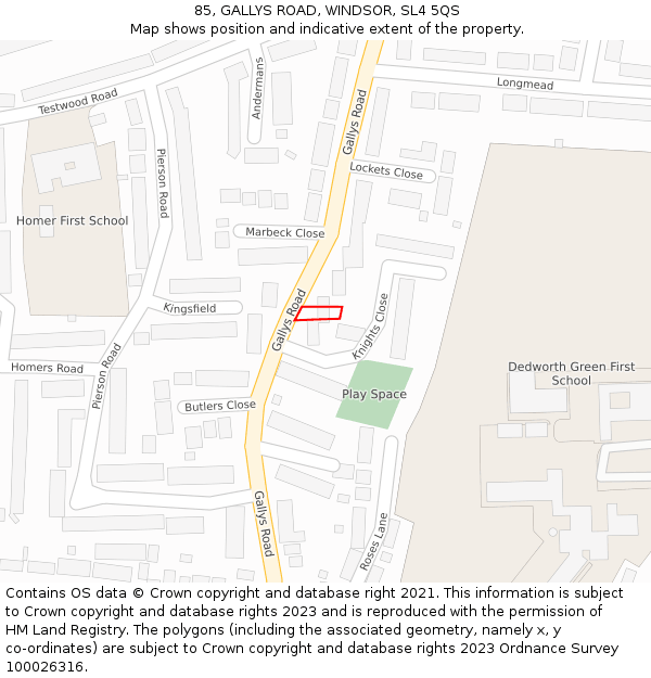85, GALLYS ROAD, WINDSOR, SL4 5QS: Location map and indicative extent of plot
