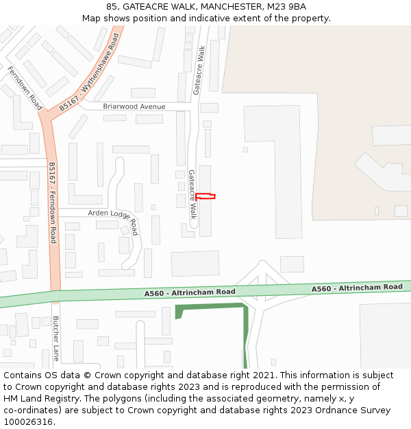 85, GATEACRE WALK, MANCHESTER, M23 9BA: Location map and indicative extent of plot
