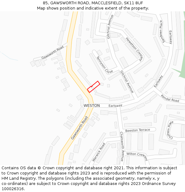 85, GAWSWORTH ROAD, MACCLESFIELD, SK11 8UF: Location map and indicative extent of plot