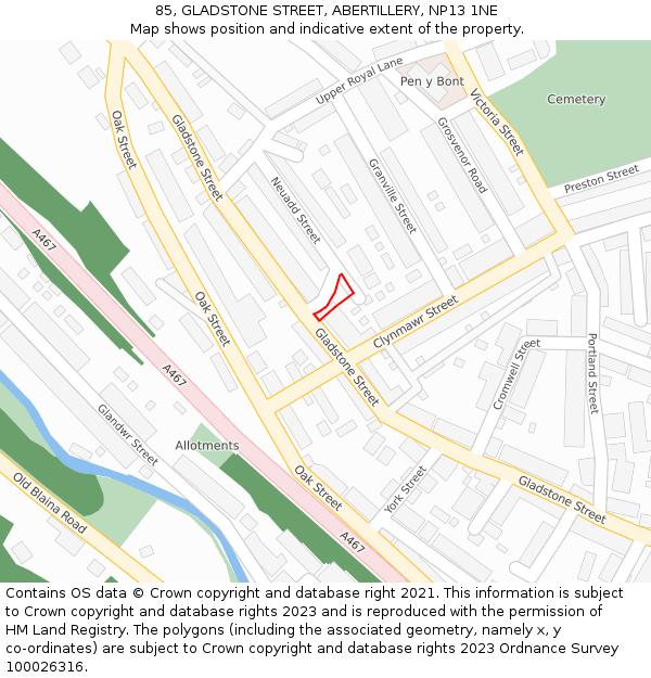 85, GLADSTONE STREET, ABERTILLERY, NP13 1NE: Location map and indicative extent of plot