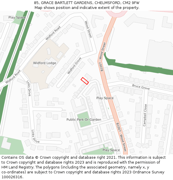 85, GRACE BARTLETT GARDENS, CHELMSFORD, CM2 9FW: Location map and indicative extent of plot