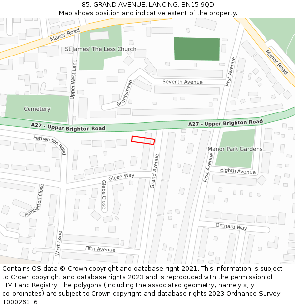 85, GRAND AVENUE, LANCING, BN15 9QD: Location map and indicative extent of plot