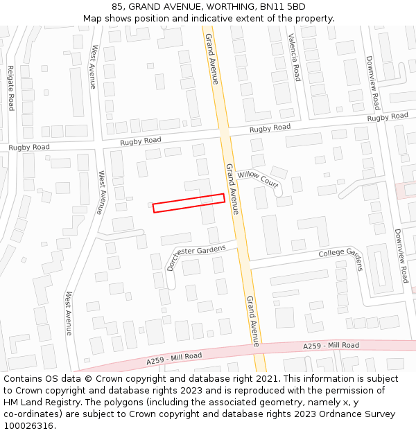 85, GRAND AVENUE, WORTHING, BN11 5BD: Location map and indicative extent of plot