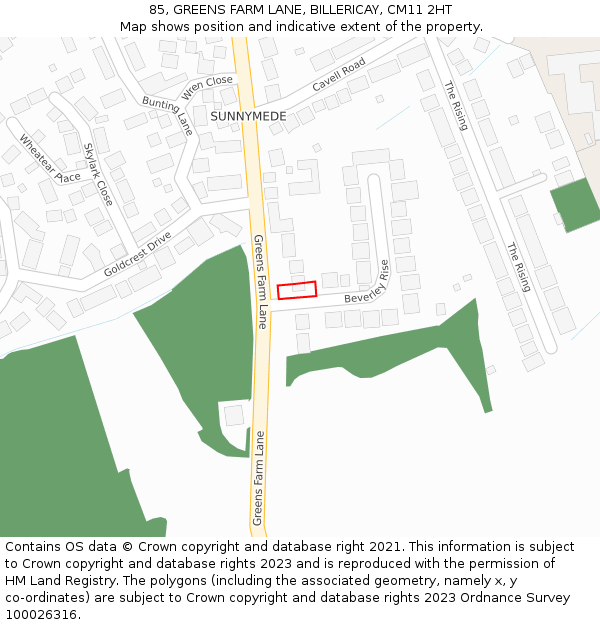 85, GREENS FARM LANE, BILLERICAY, CM11 2HT: Location map and indicative extent of plot