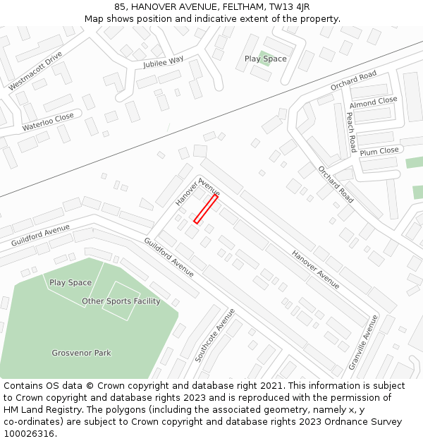 85, HANOVER AVENUE, FELTHAM, TW13 4JR: Location map and indicative extent of plot