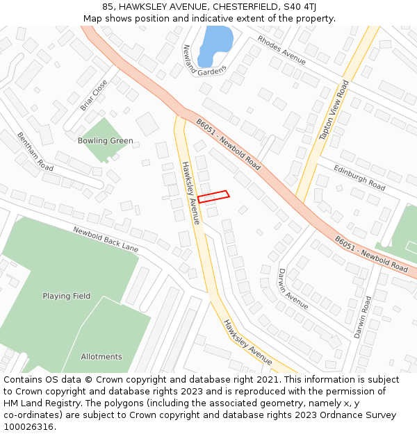 85, HAWKSLEY AVENUE, CHESTERFIELD, S40 4TJ: Location map and indicative extent of plot
