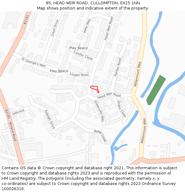 85, HEAD WEIR ROAD, CULLOMPTON, EX15 1NN: Location map and indicative extent of plot