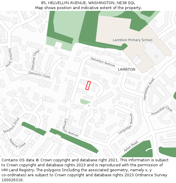 85, HELVELLYN AVENUE, WASHINGTON, NE38 0QL: Location map and indicative extent of plot