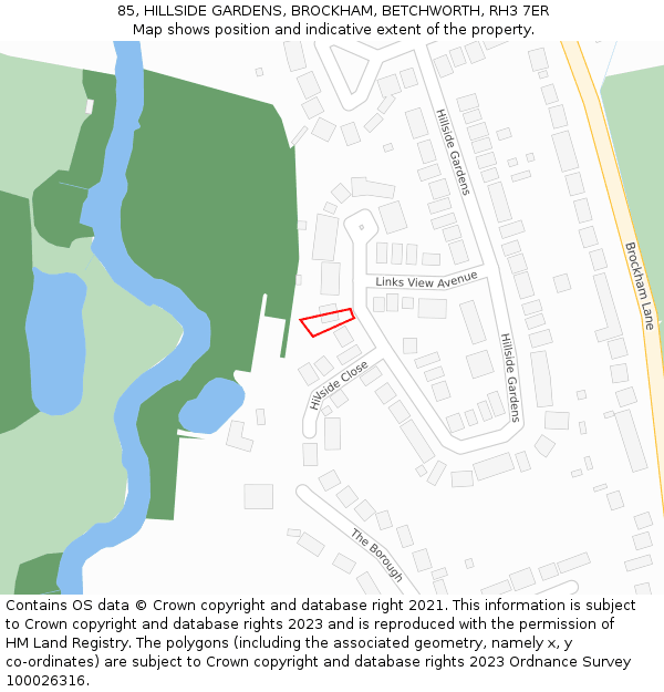 85, HILLSIDE GARDENS, BROCKHAM, BETCHWORTH, RH3 7ER: Location map and indicative extent of plot
