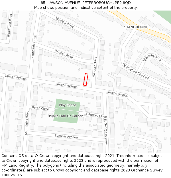 85, LAWSON AVENUE, PETERBOROUGH, PE2 8QD: Location map and indicative extent of plot