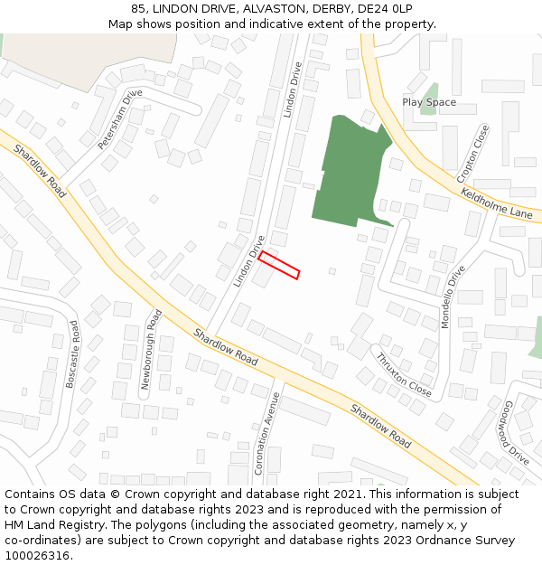 85, LINDON DRIVE, ALVASTON, DERBY, DE24 0LP: Location map and indicative extent of plot