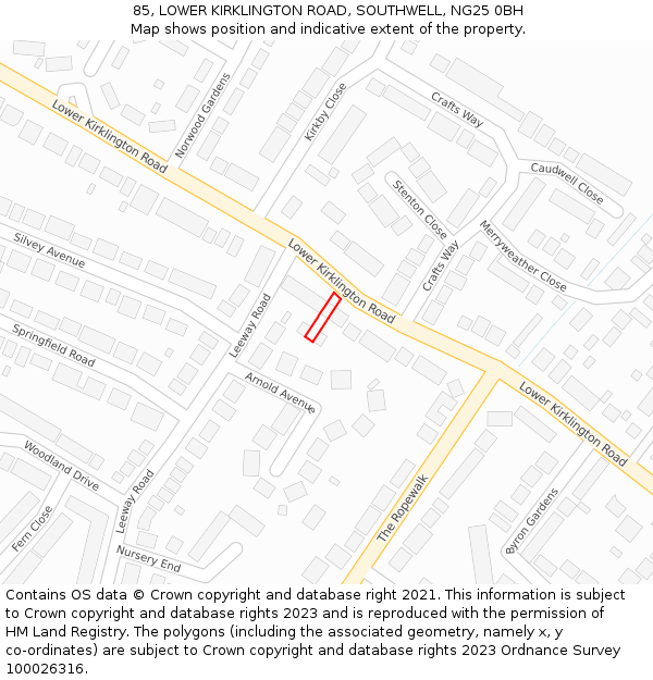 85, LOWER KIRKLINGTON ROAD, SOUTHWELL, NG25 0BH: Location map and indicative extent of plot