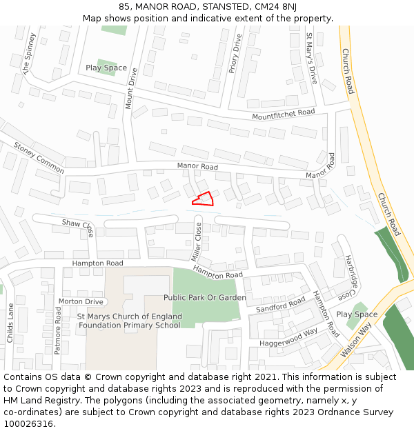85, MANOR ROAD, STANSTED, CM24 8NJ: Location map and indicative extent of plot