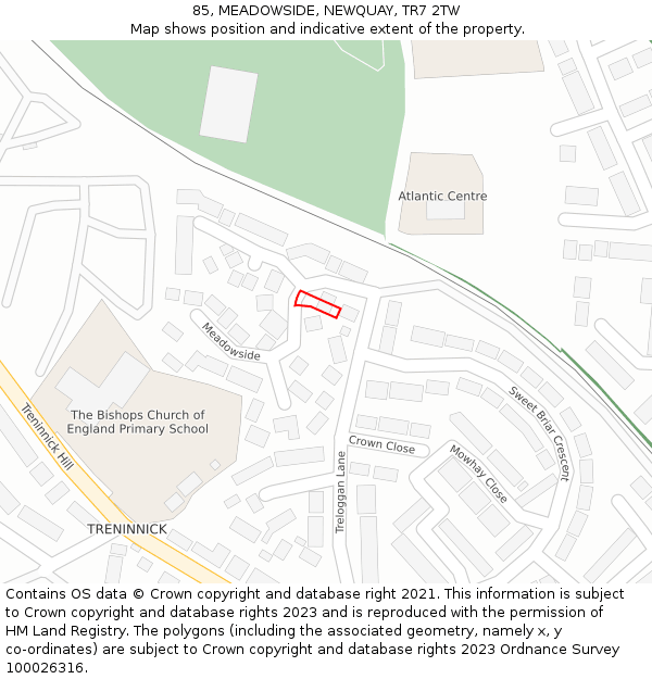 85, MEADOWSIDE, NEWQUAY, TR7 2TW: Location map and indicative extent of plot