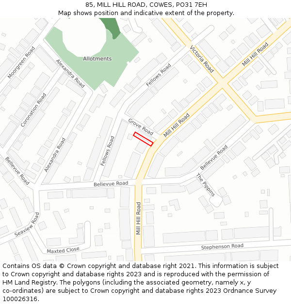 85, MILL HILL ROAD, COWES, PO31 7EH: Location map and indicative extent of plot