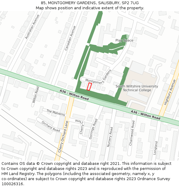 85, MONTGOMERY GARDENS, SALISBURY, SP2 7UG: Location map and indicative extent of plot