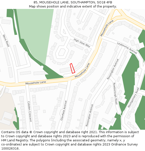 85, MOUSEHOLE LANE, SOUTHAMPTON, SO18 4FB: Location map and indicative extent of plot