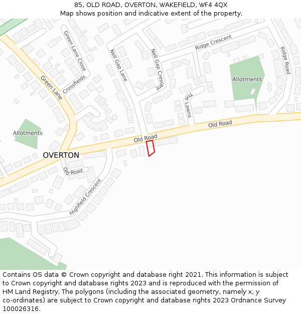 85, OLD ROAD, OVERTON, WAKEFIELD, WF4 4QX: Location map and indicative extent of plot