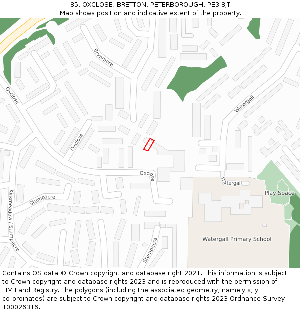 85, OXCLOSE, BRETTON, PETERBOROUGH, PE3 8JT: Location map and indicative extent of plot