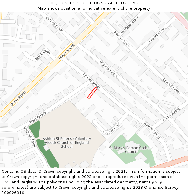 85, PRINCES STREET, DUNSTABLE, LU6 3AS: Location map and indicative extent of plot