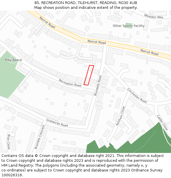 85, RECREATION ROAD, TILEHURST, READING, RG30 4UB: Location map and indicative extent of plot