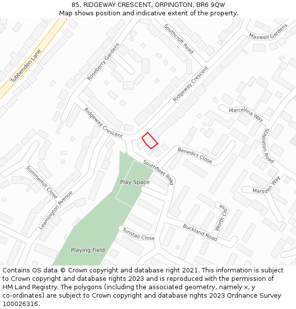 85, RIDGEWAY CRESCENT, ORPINGTON, BR6 9QW: Location map and indicative extent of plot