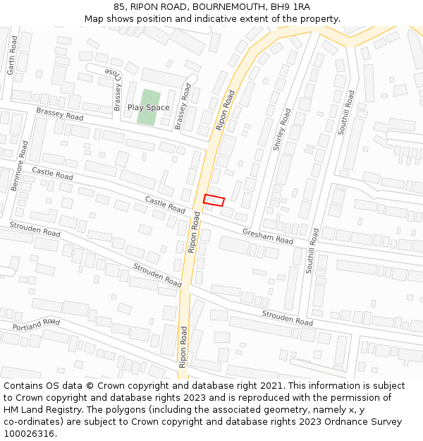 85, RIPON ROAD, BOURNEMOUTH, BH9 1RA: Location map and indicative extent of plot